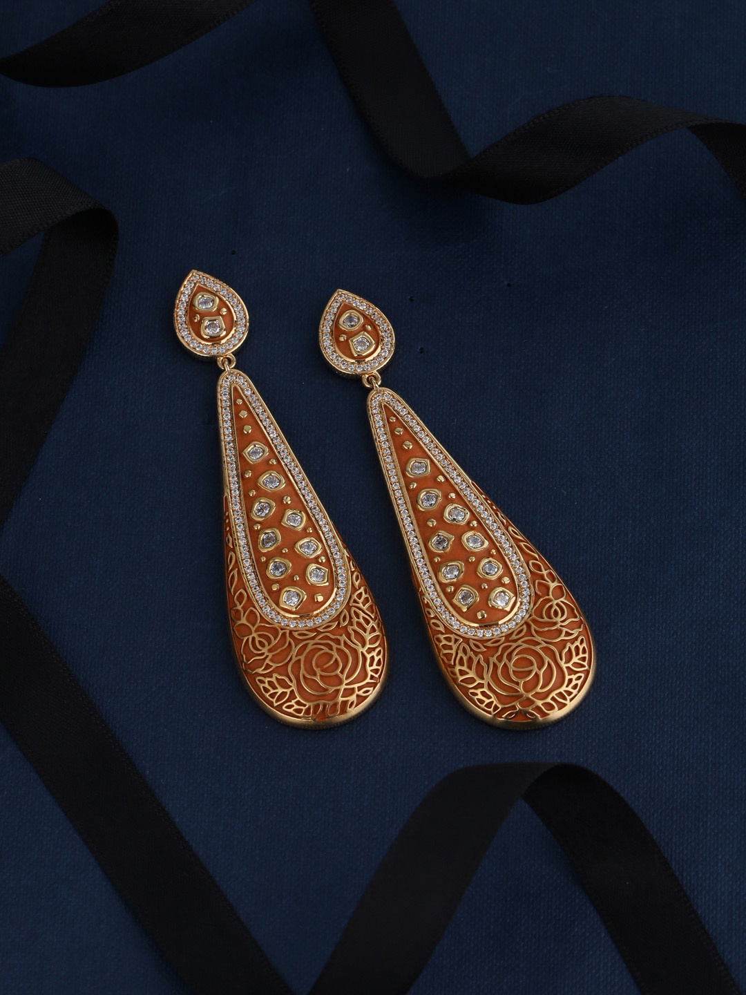 

Tistabene Gold-Plated Orange Teardrop Shaped Enamelled Polki Drop Earrings