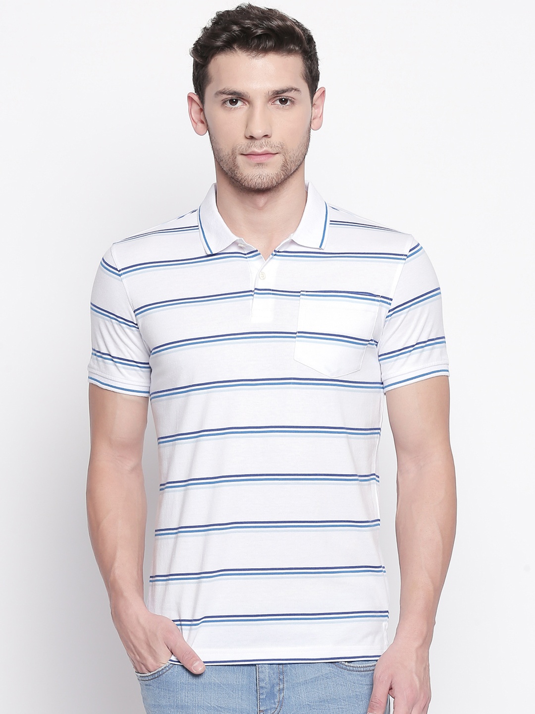 

BYFORD by Pantaloons Men White & Blue Striped Polo Collar T-shirt