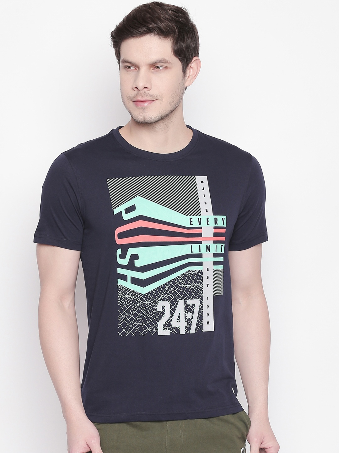 

Ajile by Pantaloons Men Navy Blue Slim Fit Printed Round Neck T-shirt