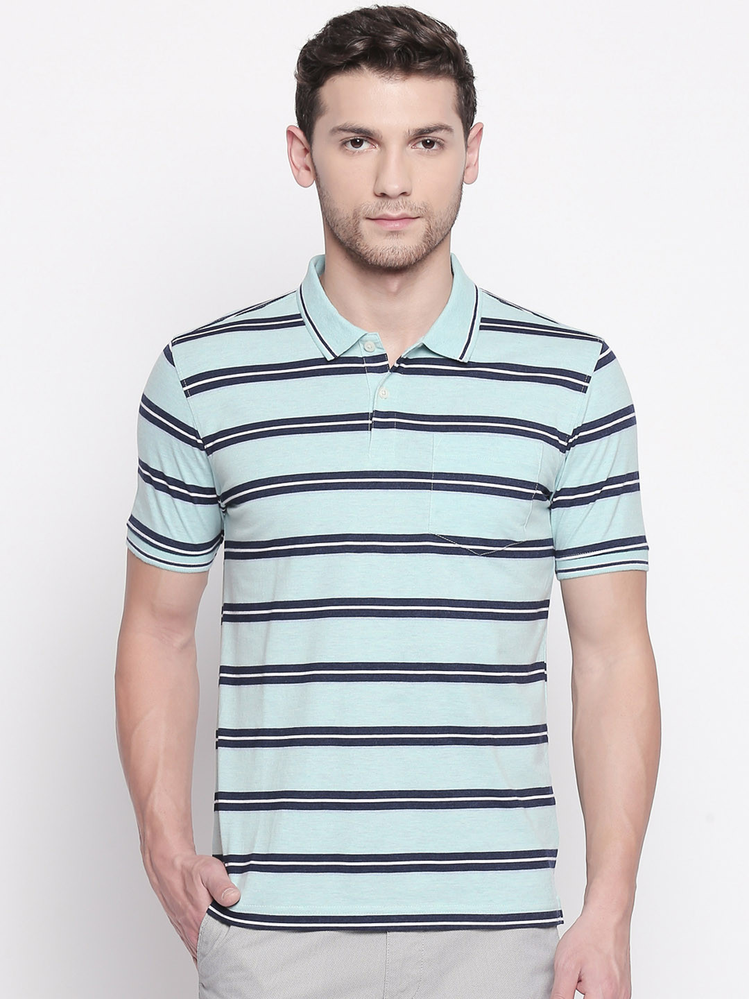 

BYFORD by Pantaloons Men Green & Navy Blue Striped Polo Collar T-shirt