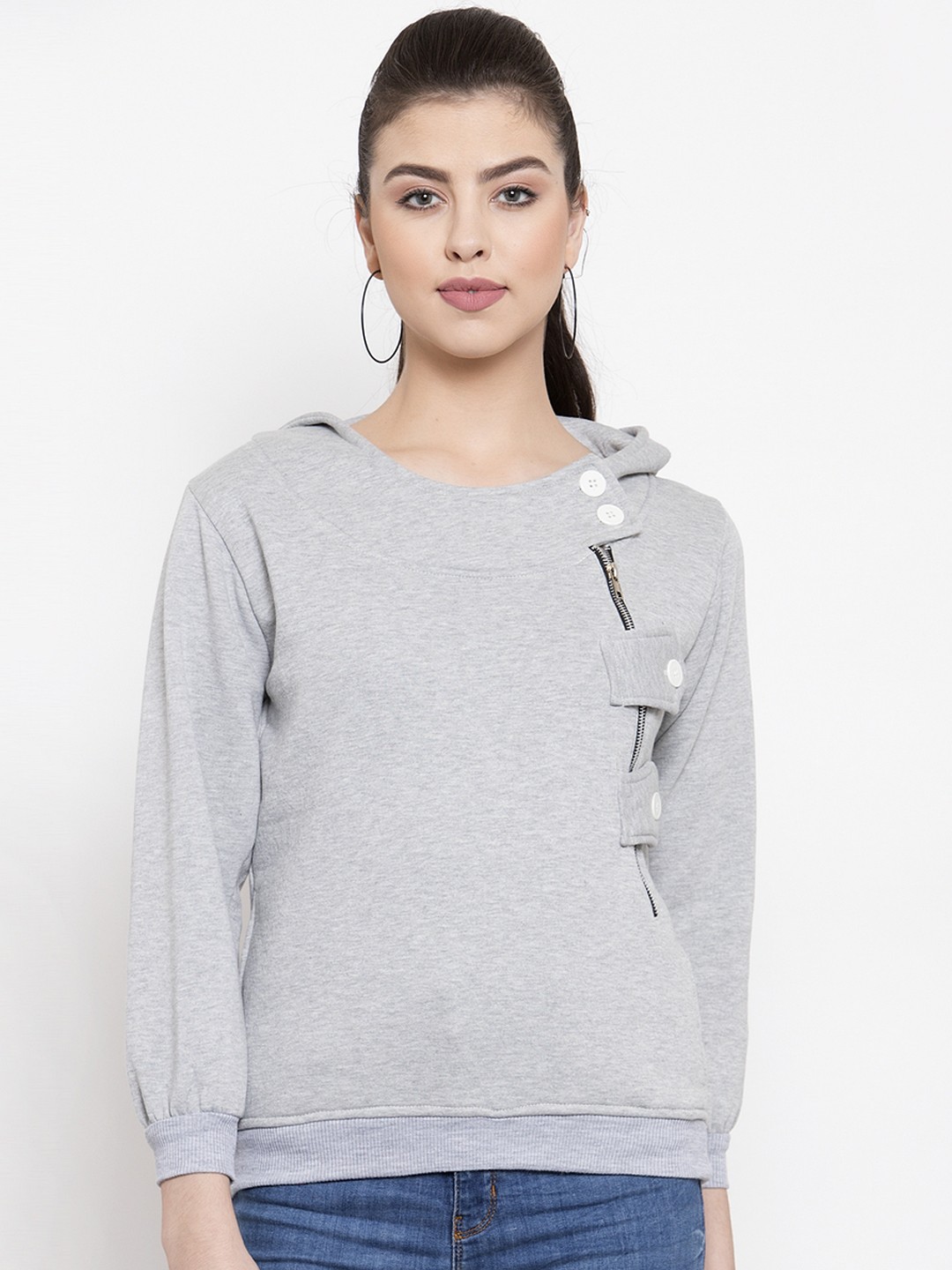

VOXATI Women Grey Solid Hooded Sweatshirt