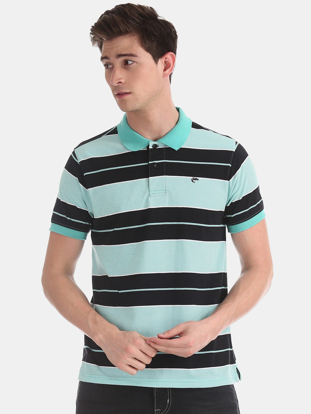 

Ruggers Men Sea Green & Black Striped Polo Collar T-shirt
