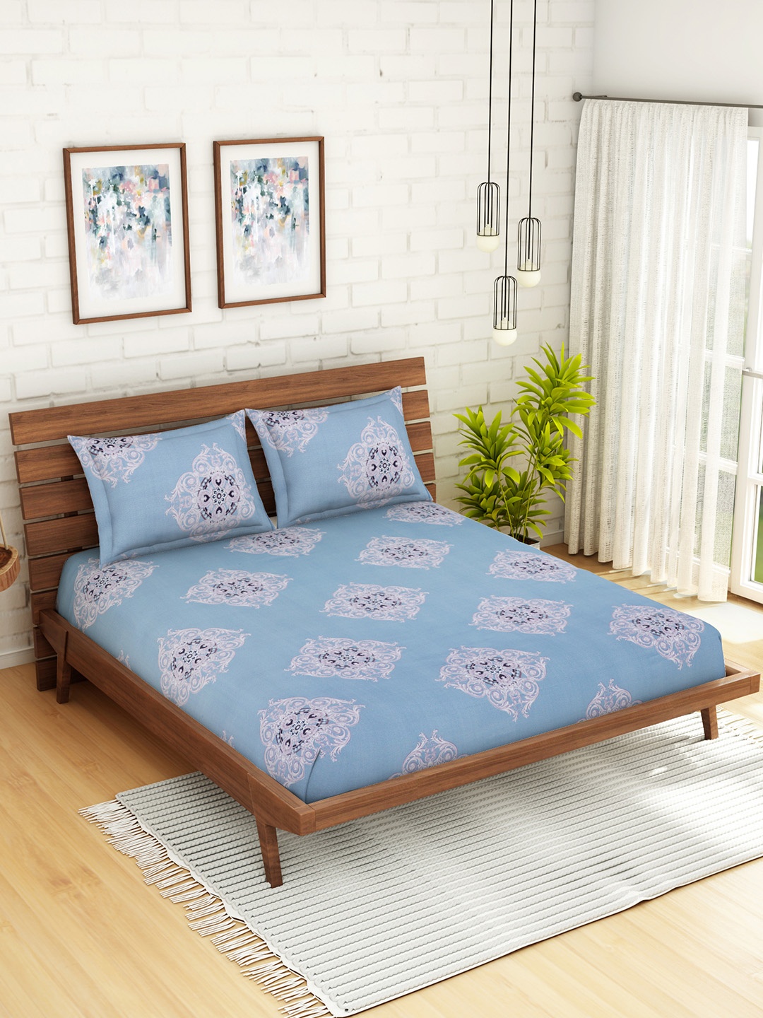 

WELHOME Blue Ethnic Motifs 200 TC 1 Microfibre Queen Bedsheet with 2 Pillow Covers