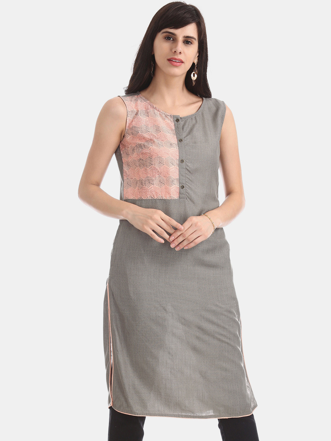 

Karigari Women Grey & Pink Printed Straight Kurta