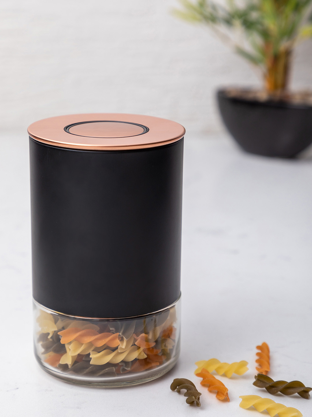 

White Gold Transparent & Black Round Glass Jar With Airtight Copper Lid