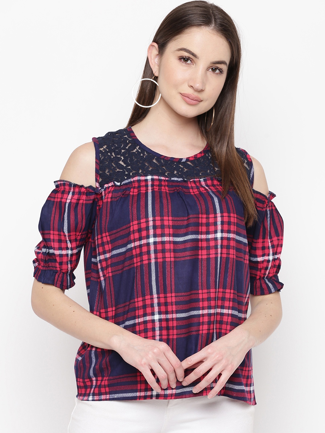 

Mayra Women Red Checked A-Line Top