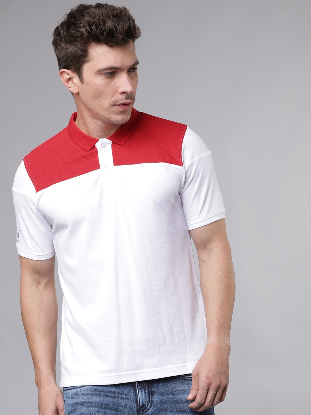 

LOCOMOTIVE Men Red White Colourblocked Polo Pure Cotton T-shirt
