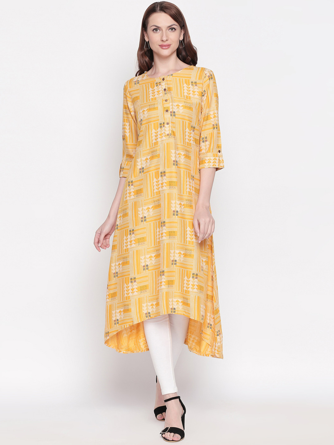 

RANGMANCH BY PANTALOONS Women Yellow & White Printed Straight Kurta