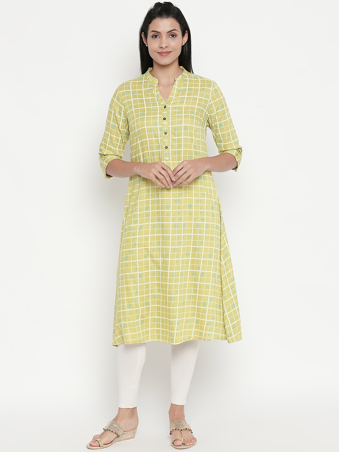 

RANGMANCH BY PANTALOONS Women Lime Green Checked A-Line Kurta