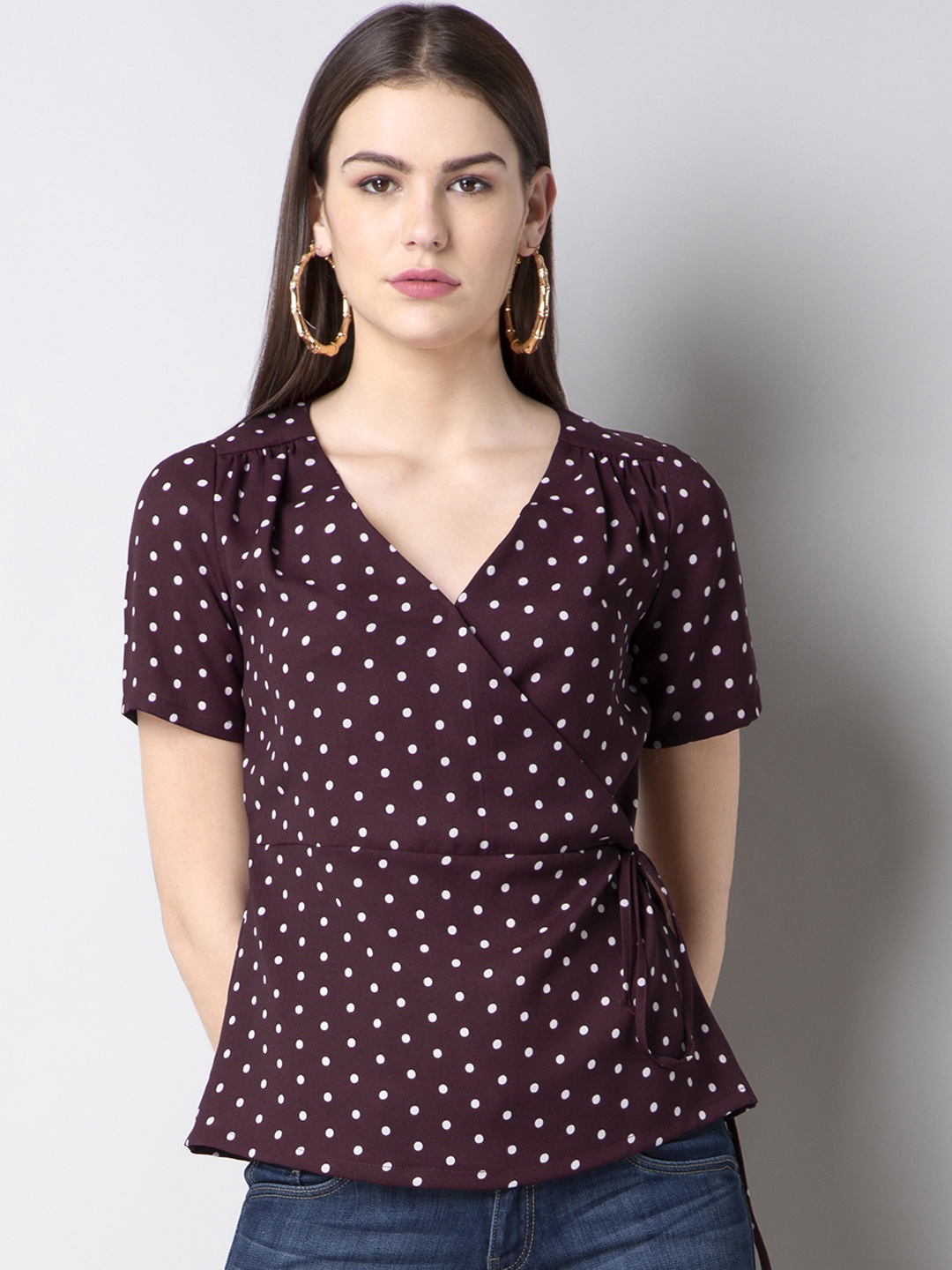 

FabAlley Women Burgundy Printed Wrap Top