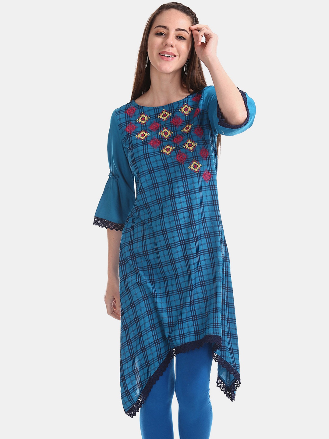

Karigari Women Blue Checked Straight Kurta