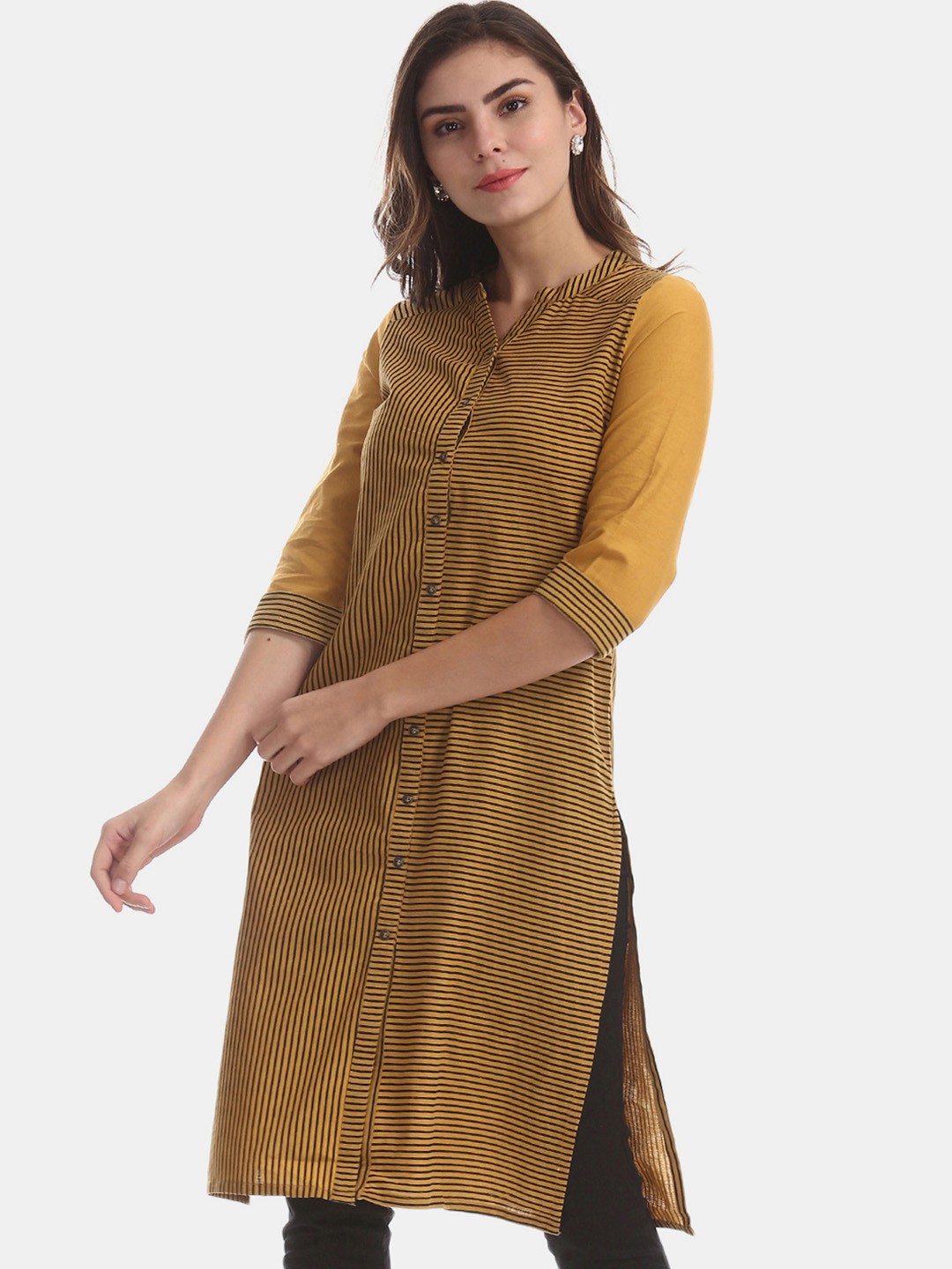 

Karigari Women Mustard Yellow & Black Striped Straight Kurta