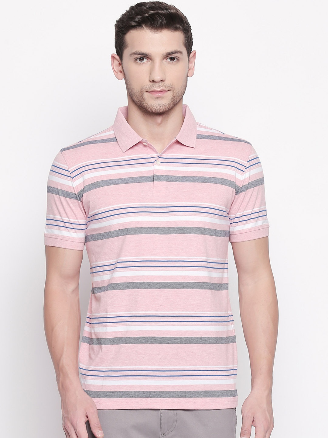 

BYFORD by Pantaloons Men Pink & White Striped Polo Collar T-shirt