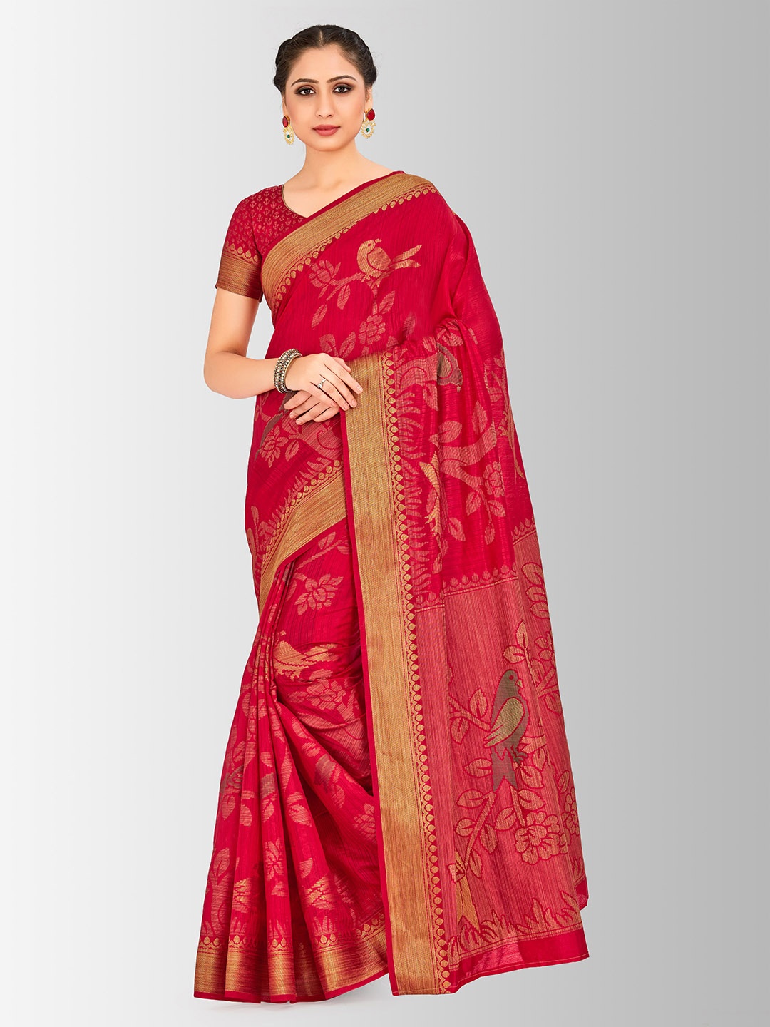 

MIMOSA Red & Gold-Toned Art Silk Woven Design Kanjeevaram Saree