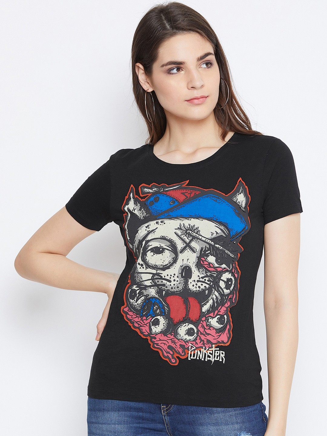 

PUNK Women Black Printed Round Neck T-shirt