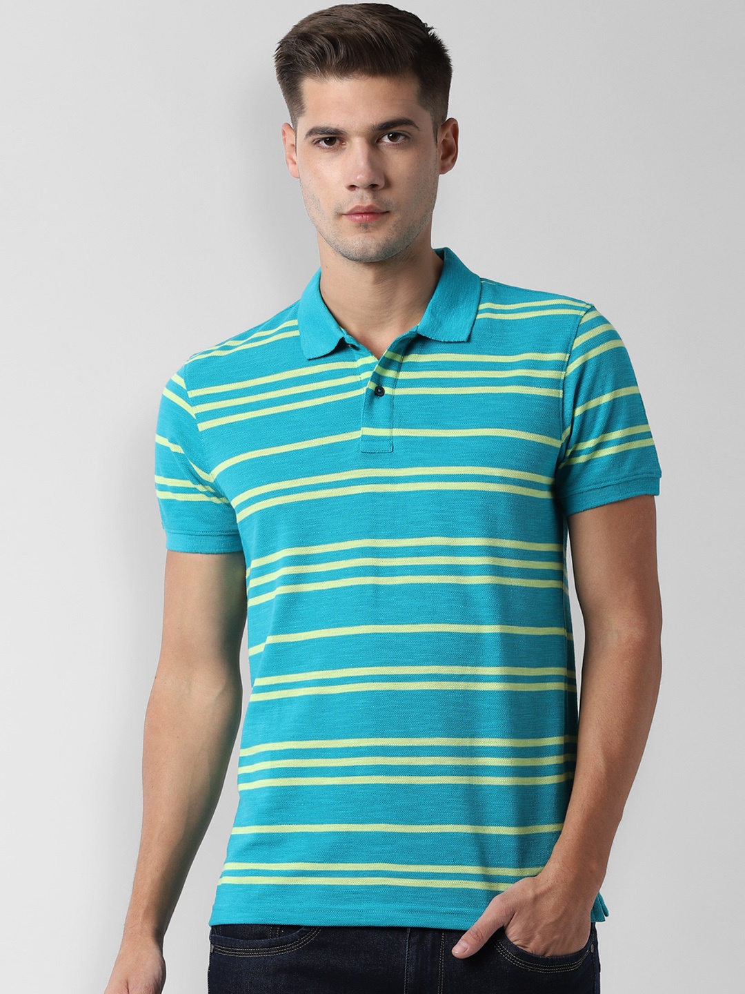 Peter England Casuals Men Blue Striped Polo Collar T-shirt