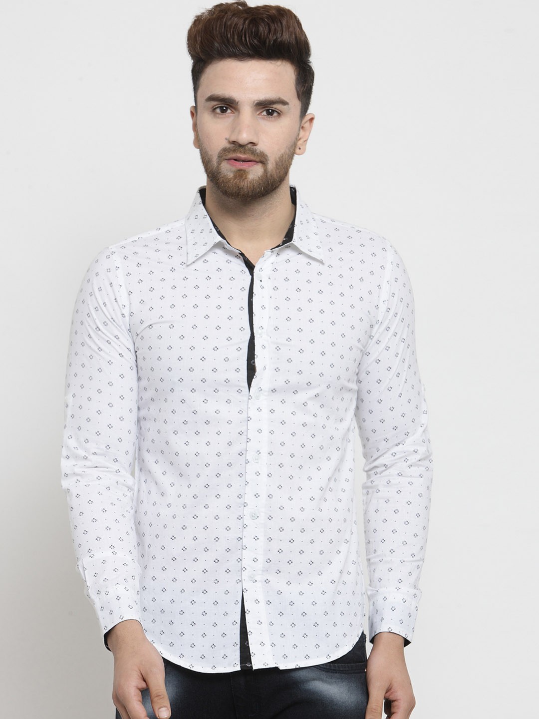 Purple State Men White & Black Slim Fit Printed Casual Shirt