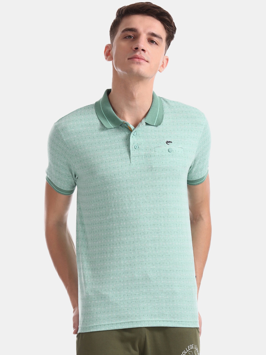 Ruggers Men Sea Green Self Design Polo Collar T-shirt