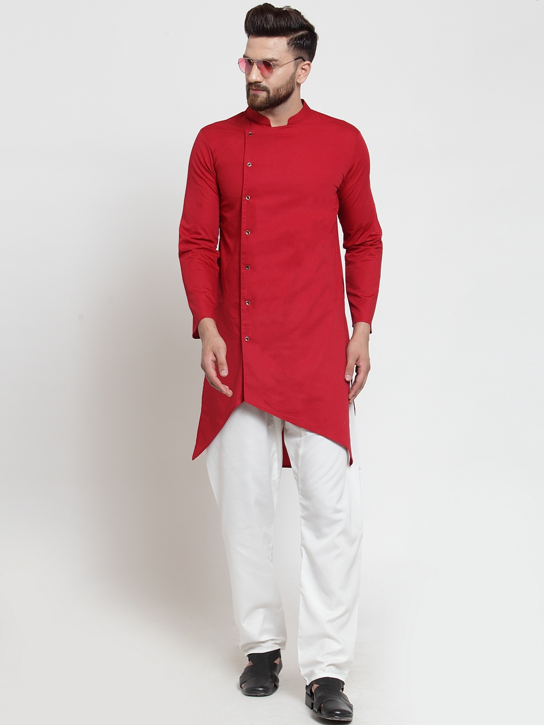 Purple State Men Red Solid Asymmetric Hemline Straight Kurta