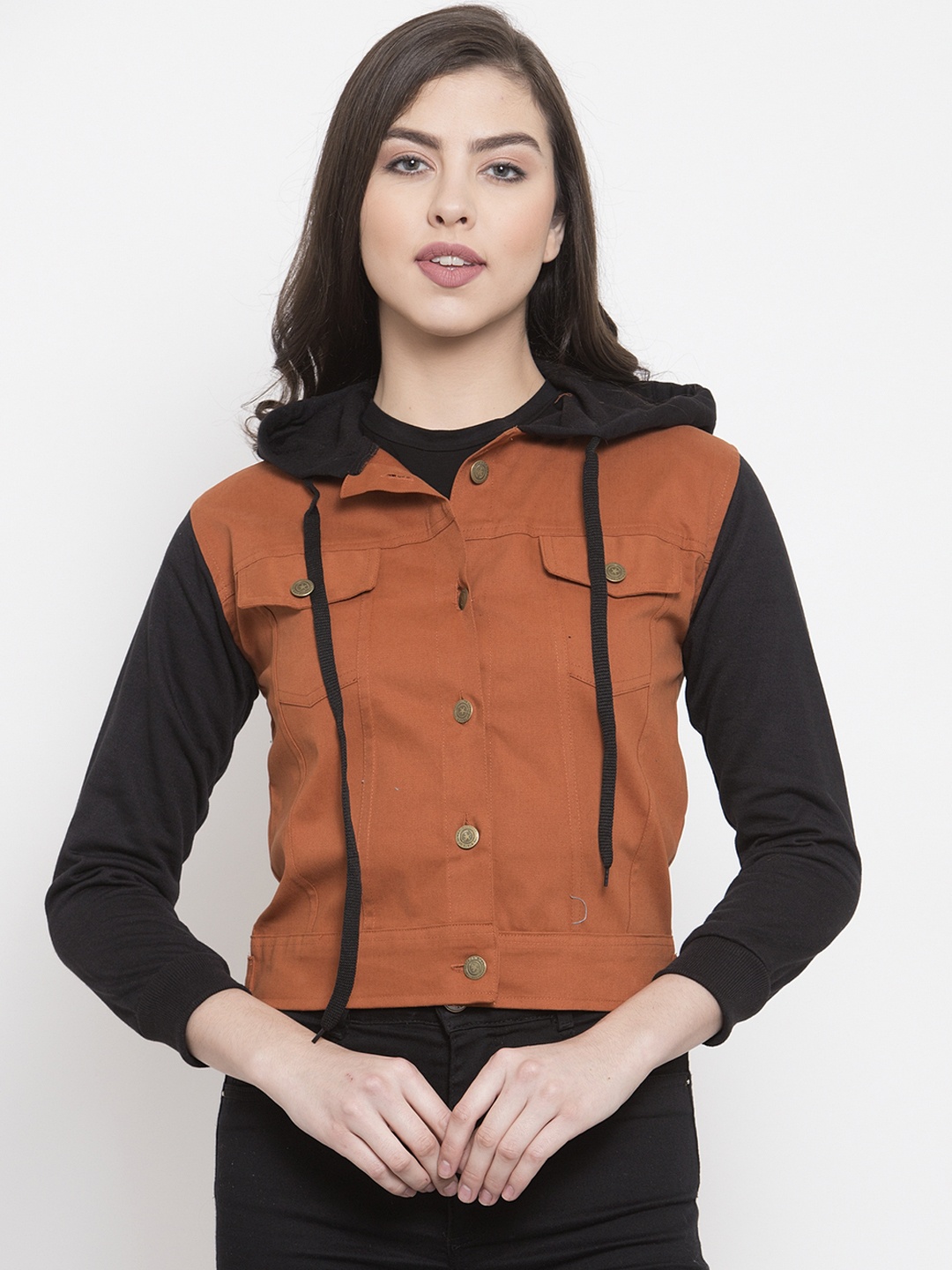

VOXATI Women Rust Brown Colourblocked Denim Jacket