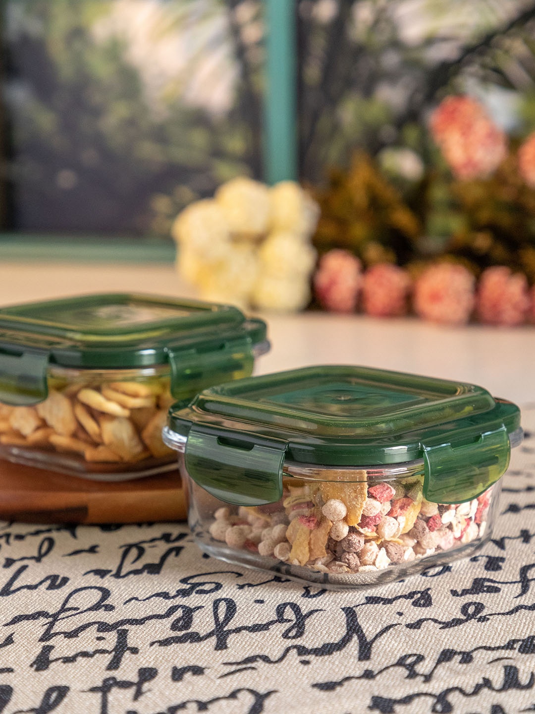 

GOODHOMES Set of 2 Transparent & Green Glass Food Containers