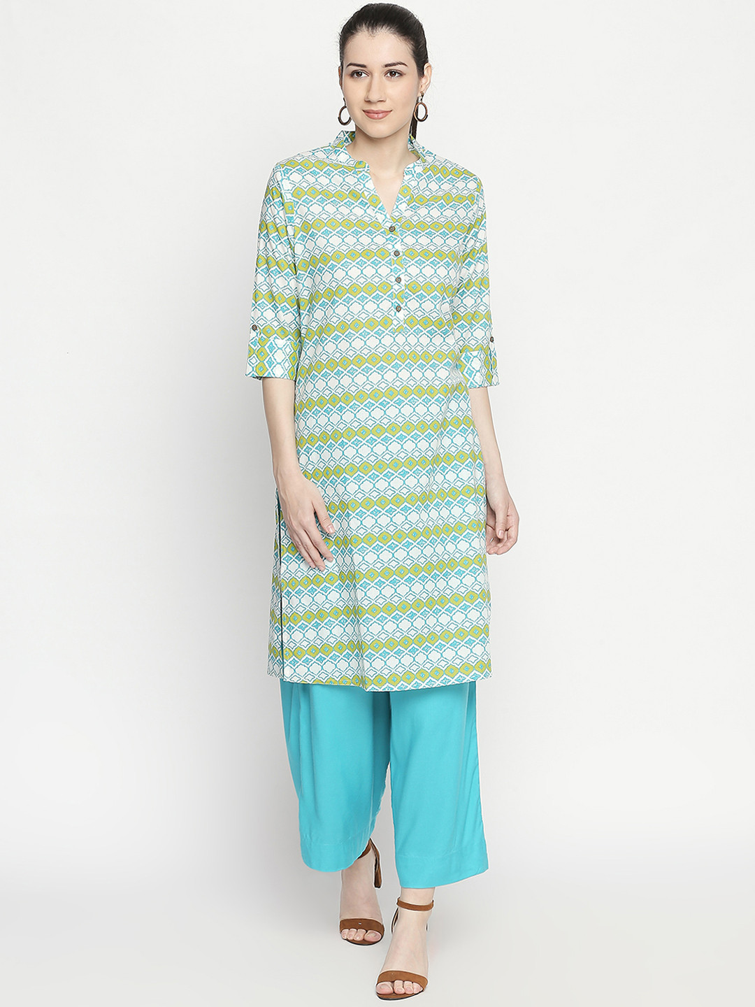 

RANGMANCH BY PANTALOONS Women Green & White Printed Straight Kurta