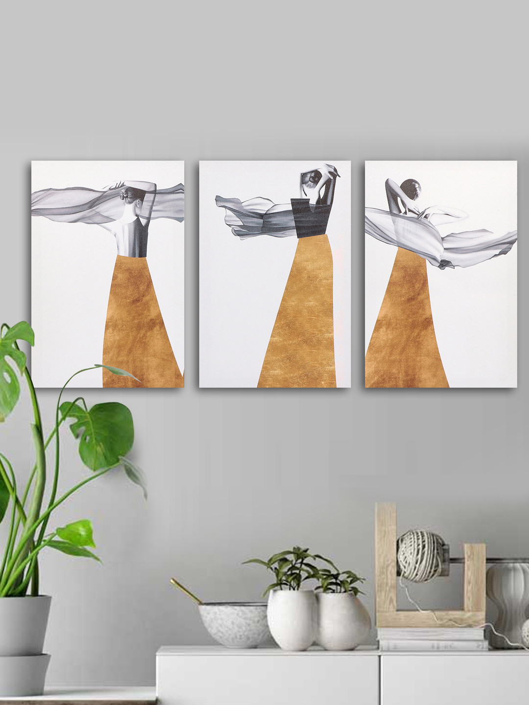 

TIED RIBBONS Set of 3 White & Brown Printed Canvas Framed Wall Arts