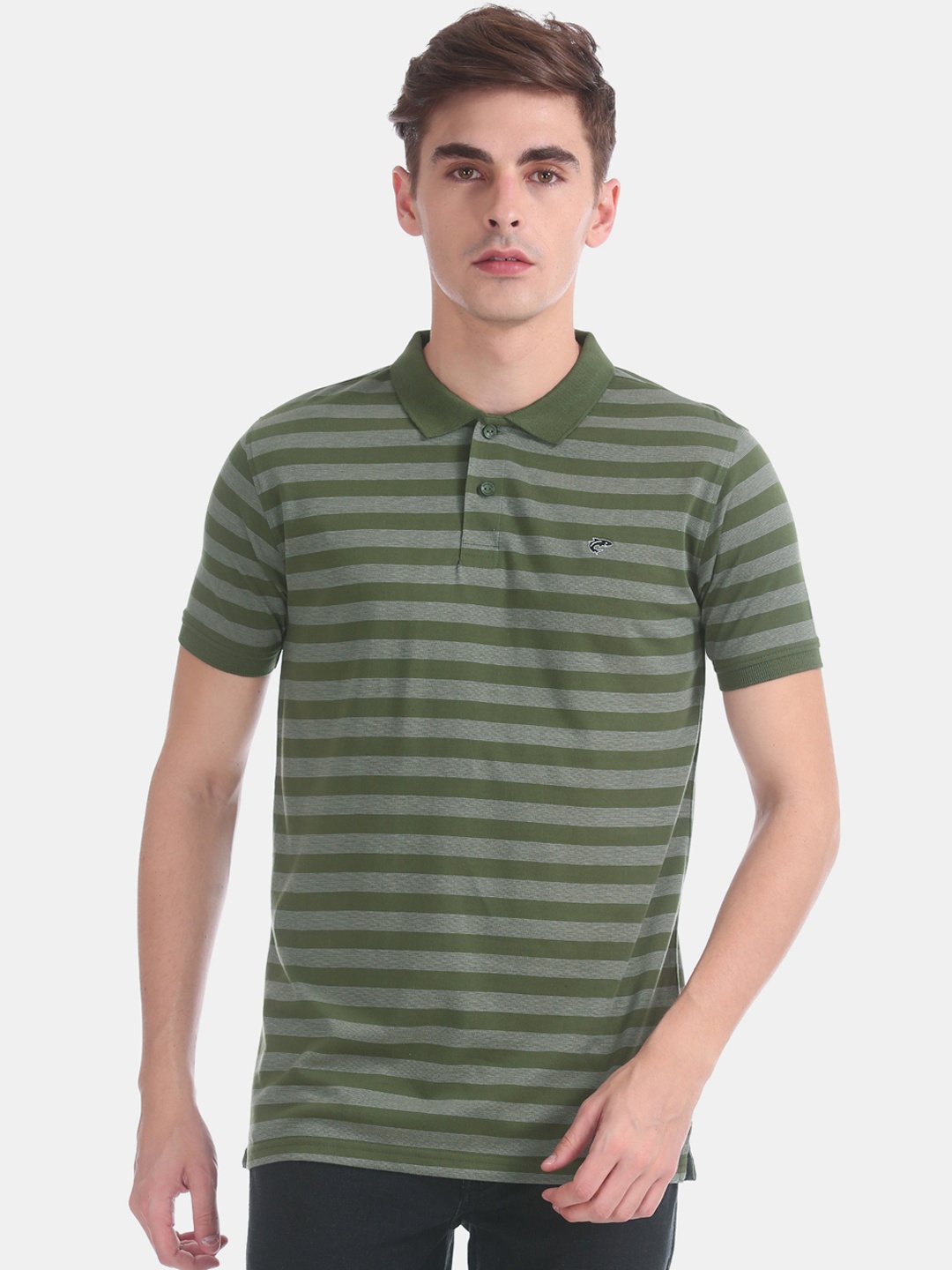 

Ruggers Men Green Striped Polo Collar T-shirt