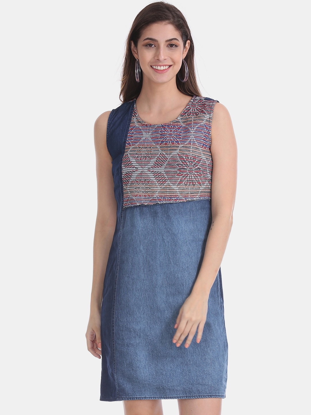 

Cherokee Women Blue Printed A-Line Denim Dress