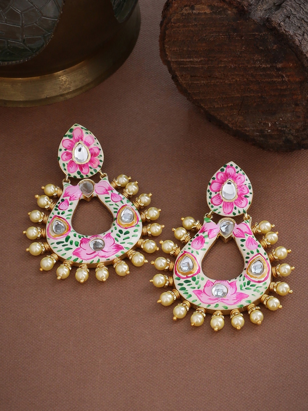 

Tistabene Pink & Gold-Plated Meenkari Classic Drop Earrings