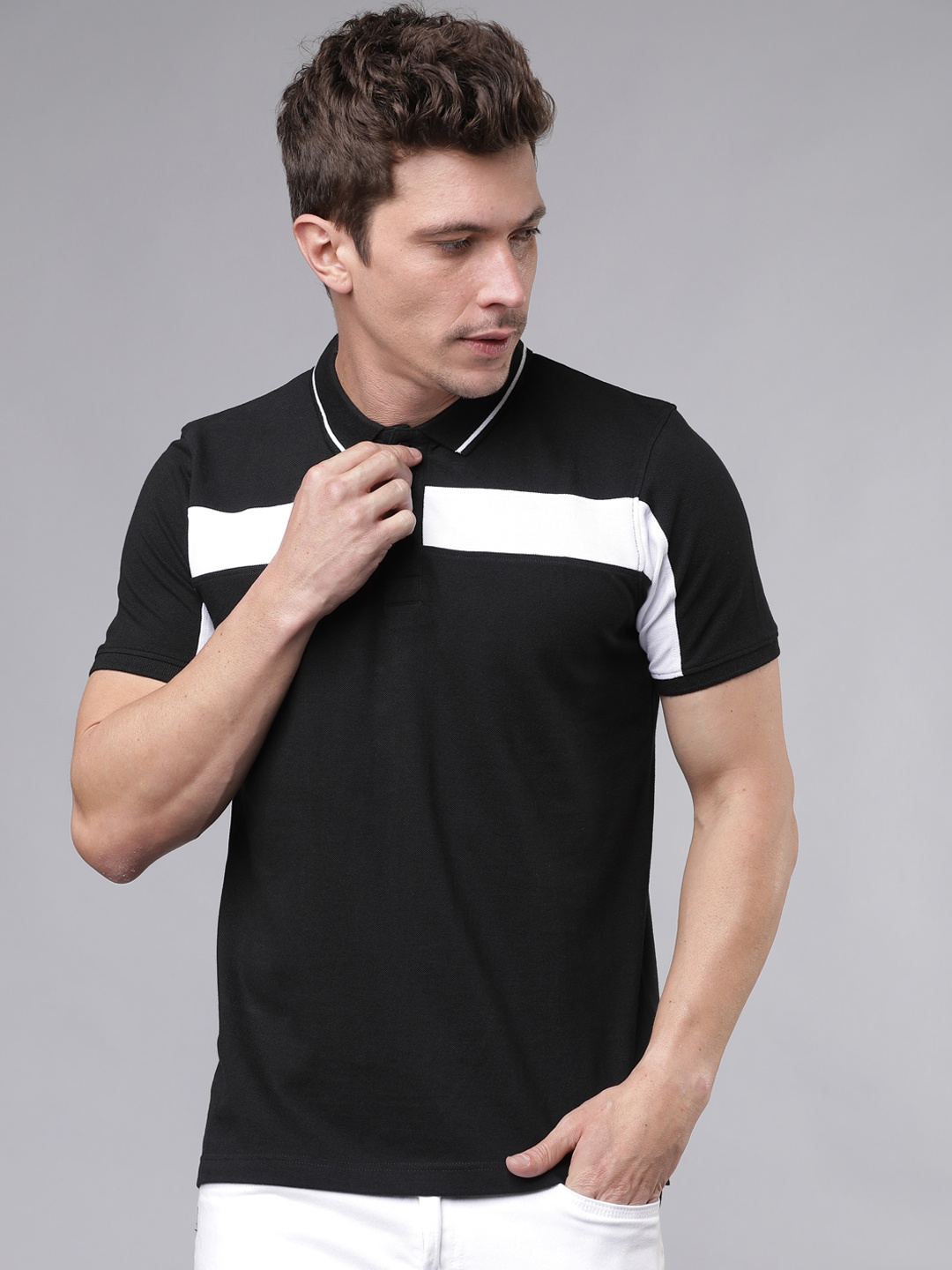 

LOCOMOTIVE Men Black Colourblocked Polo Collar Pure Cotton T-shirt