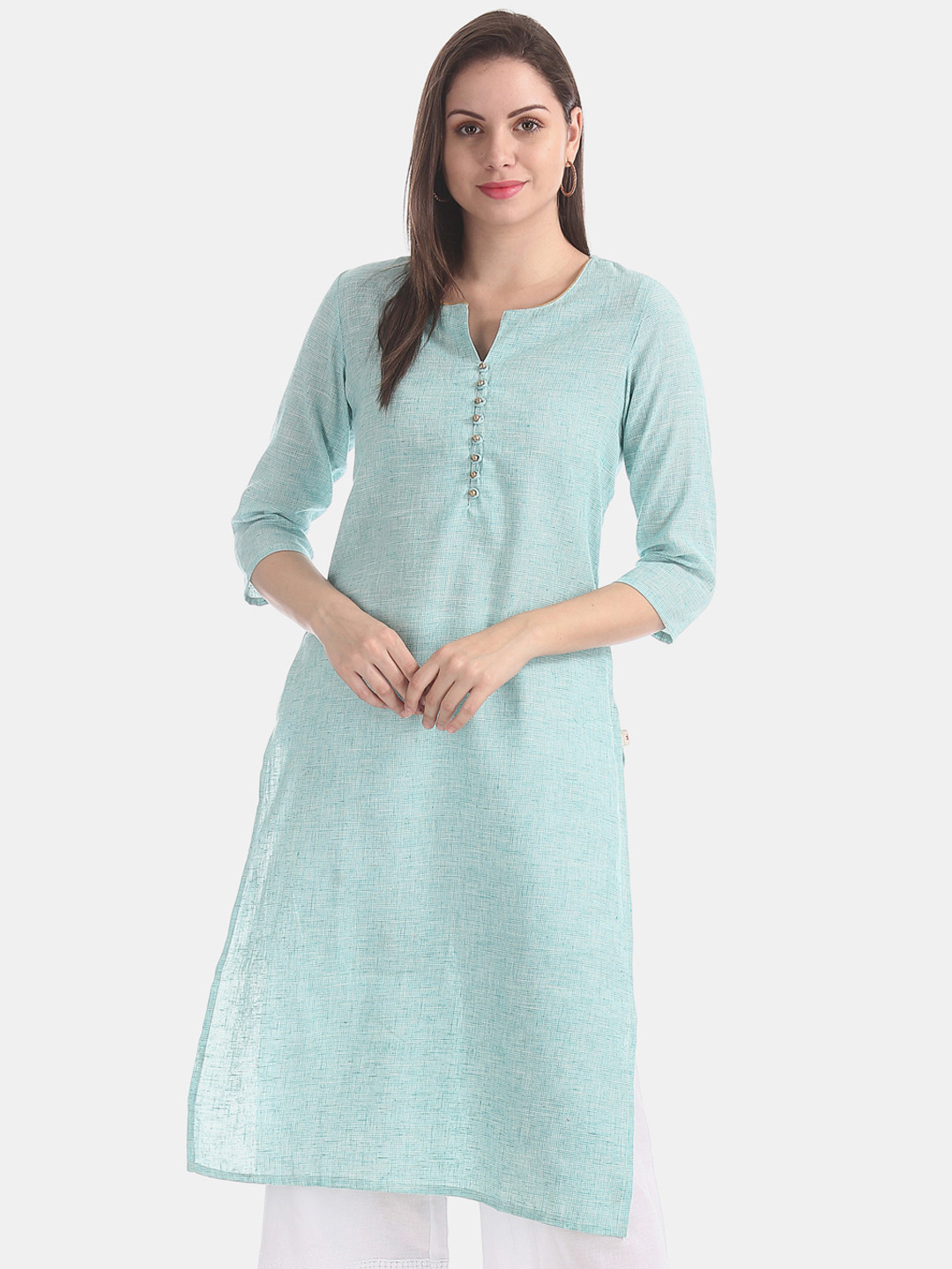 

Karigari Women Sea Green & Off-White Woven Design Straight Kurta