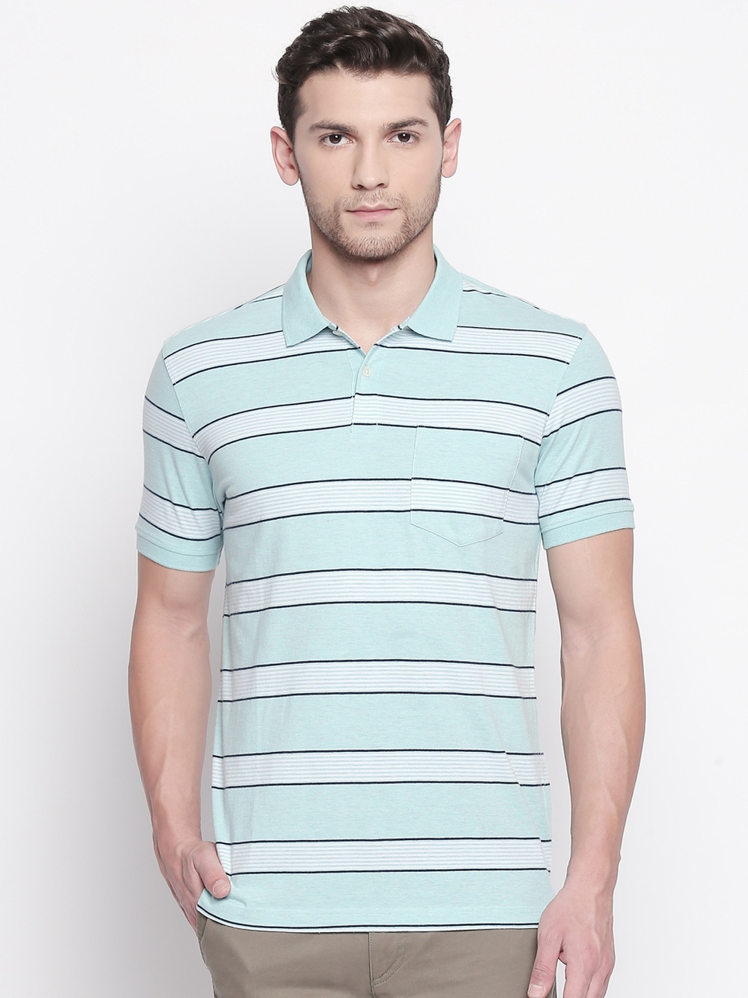 

BYFORD by Pantaloons Men Green Striped Polo Collar T-shirt