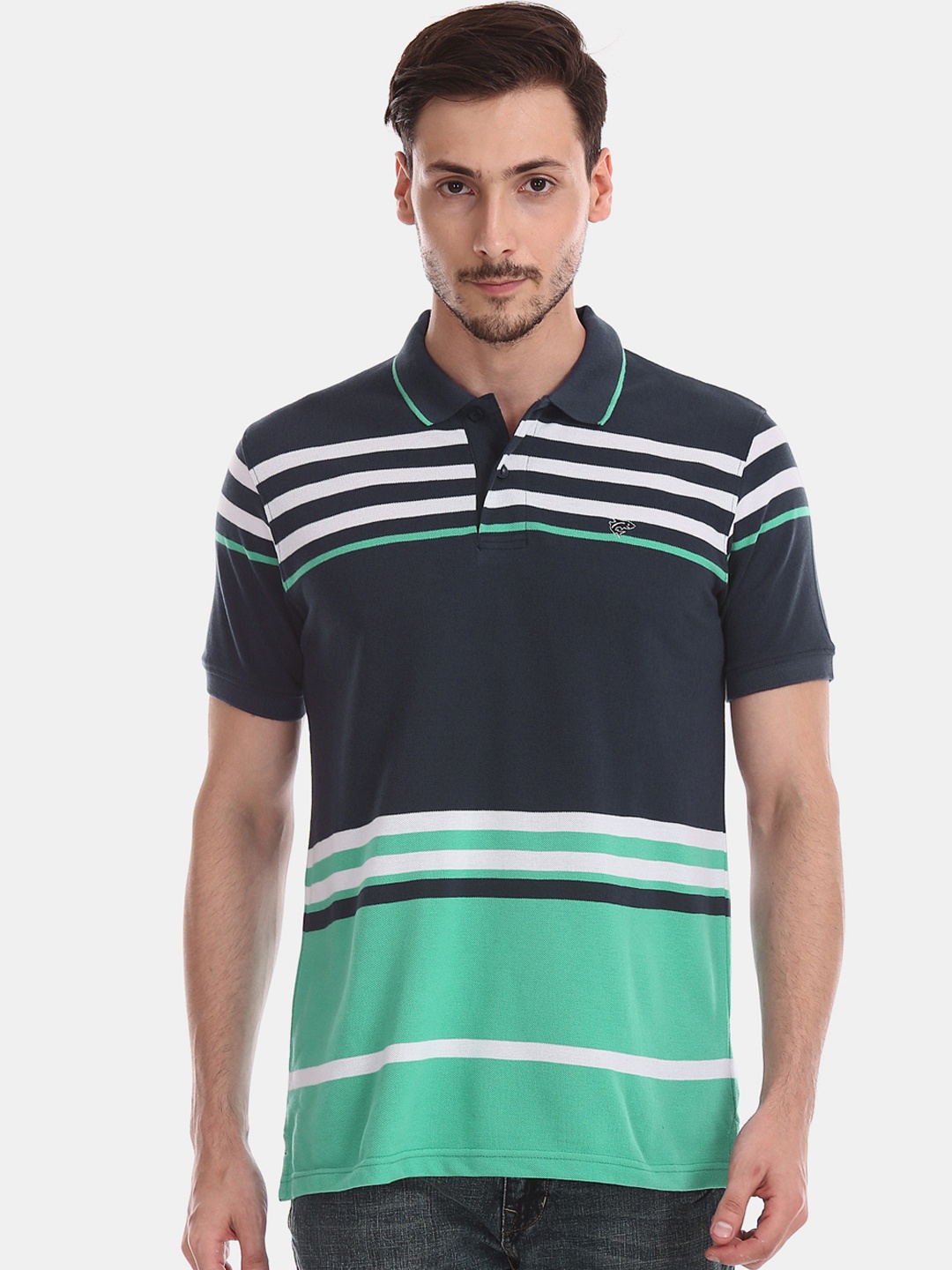 

Ruggers Men Navy Blue Striped Polo Collar T-shirt