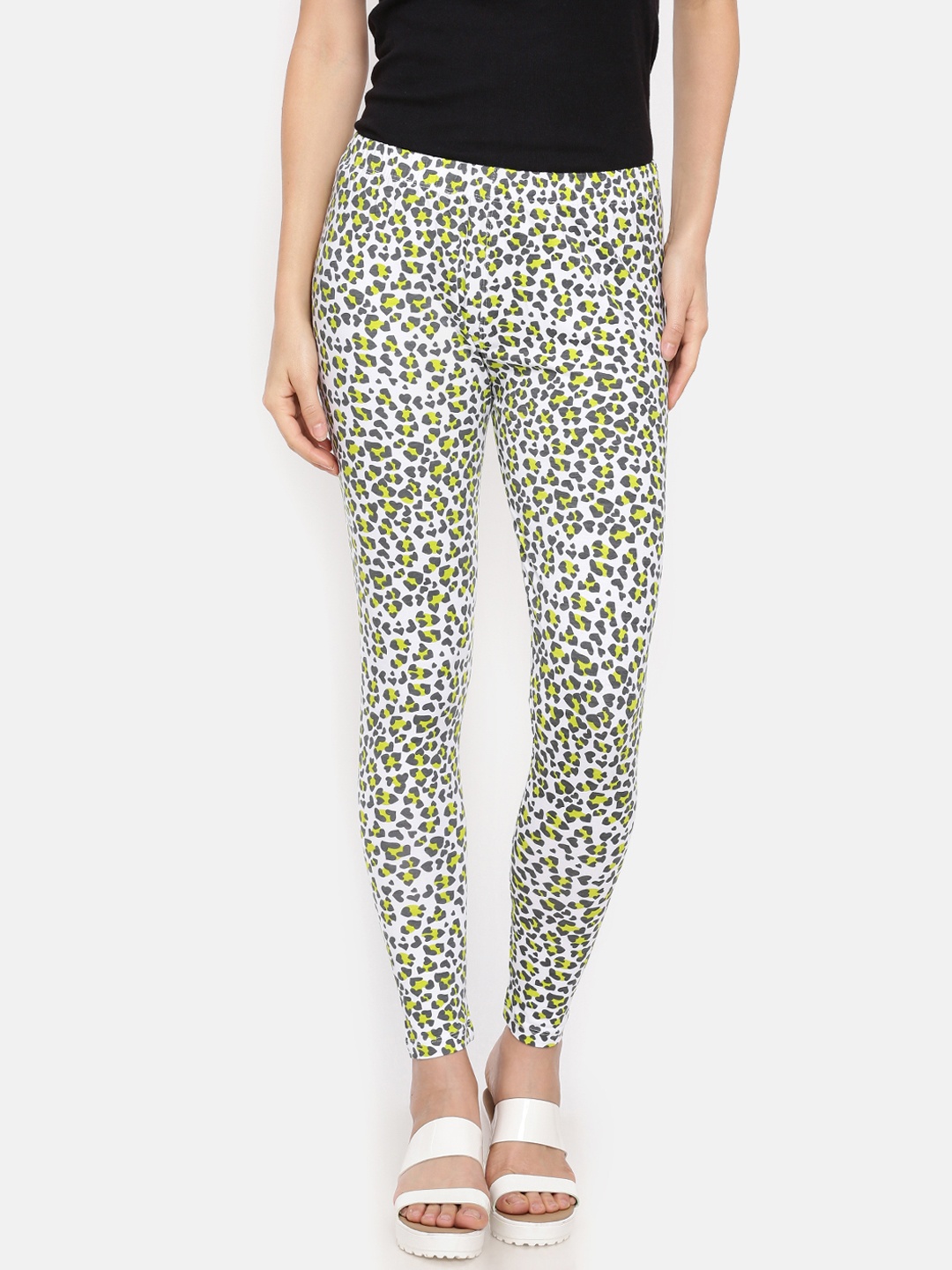 

Dollar Missy Women White & Lime Green Animal Printed Ankle Length Leggings