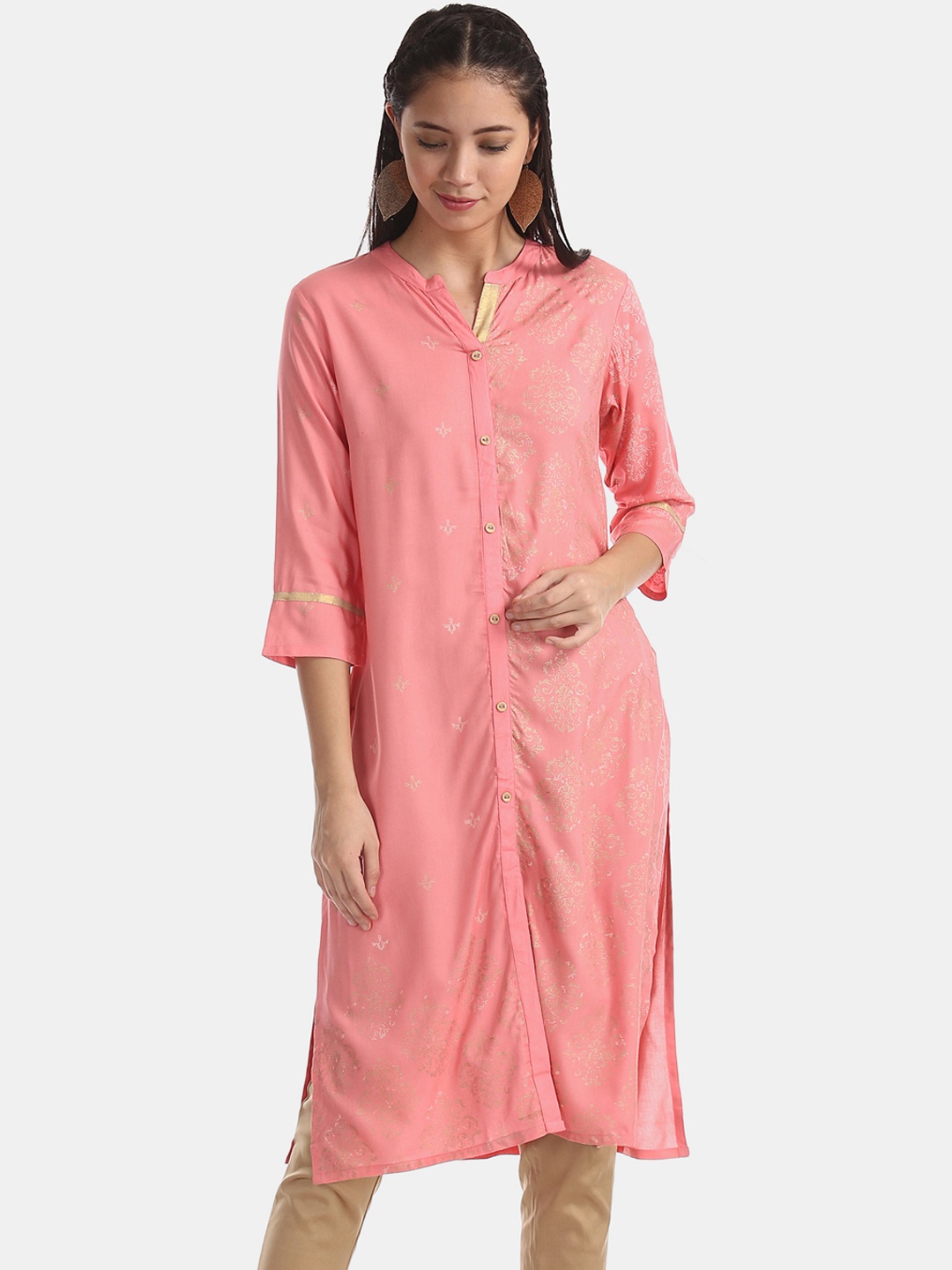

Karigari Women Pink & Gold-Coloured Printed Straight Kurta