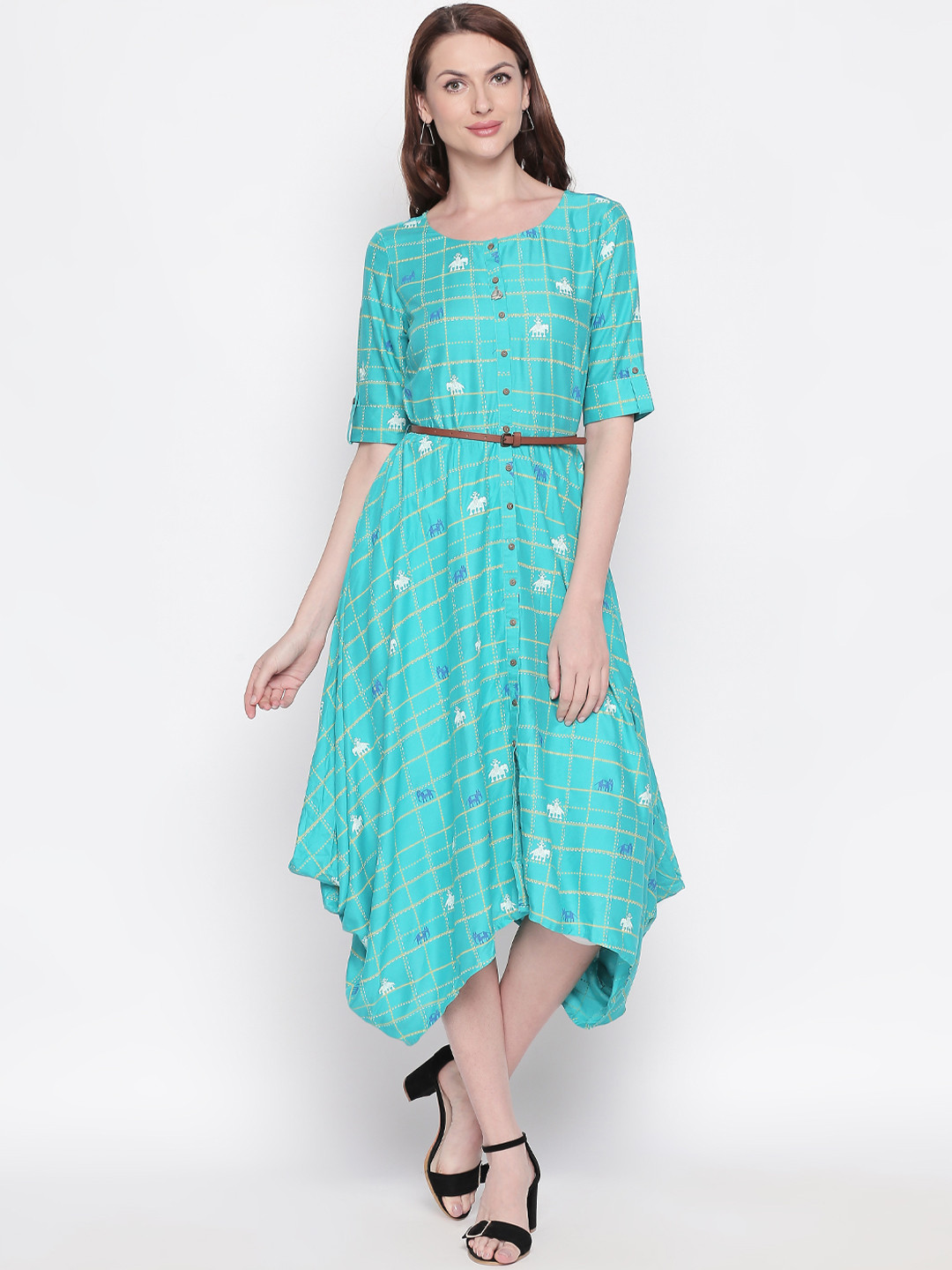 

AKKRITI BY PANTALOONS Women Turquoise Blue Checked Fit and Flare Dress