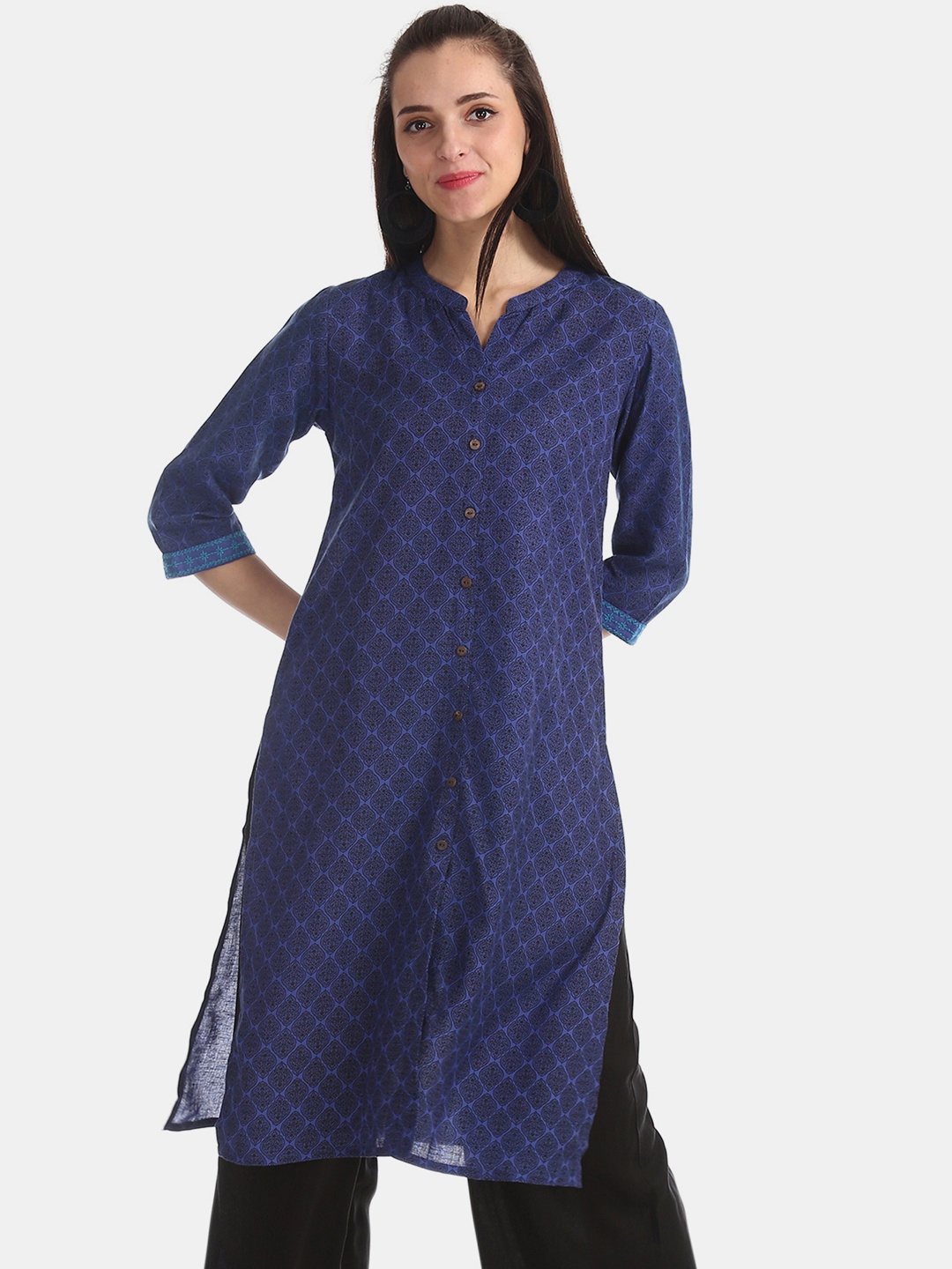 

Karigari Women Navy Blue Printed Straight Kurta