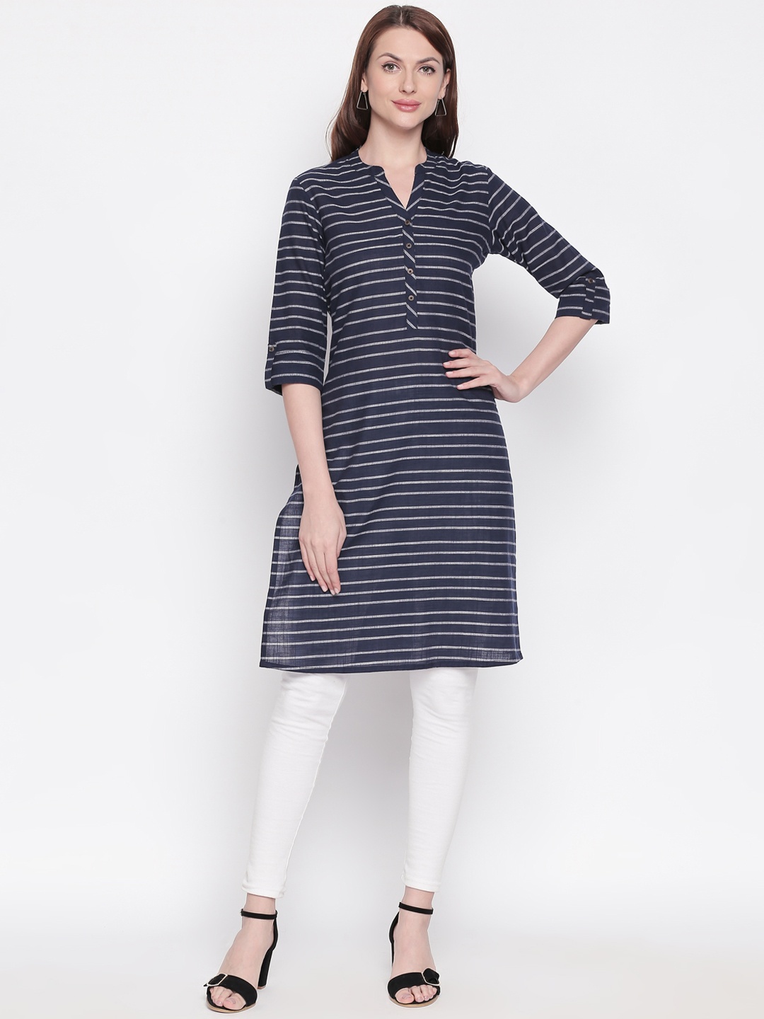 

RANGMANCH BY PANTALOONS Women Blue & Grey Striped Straight Kurta