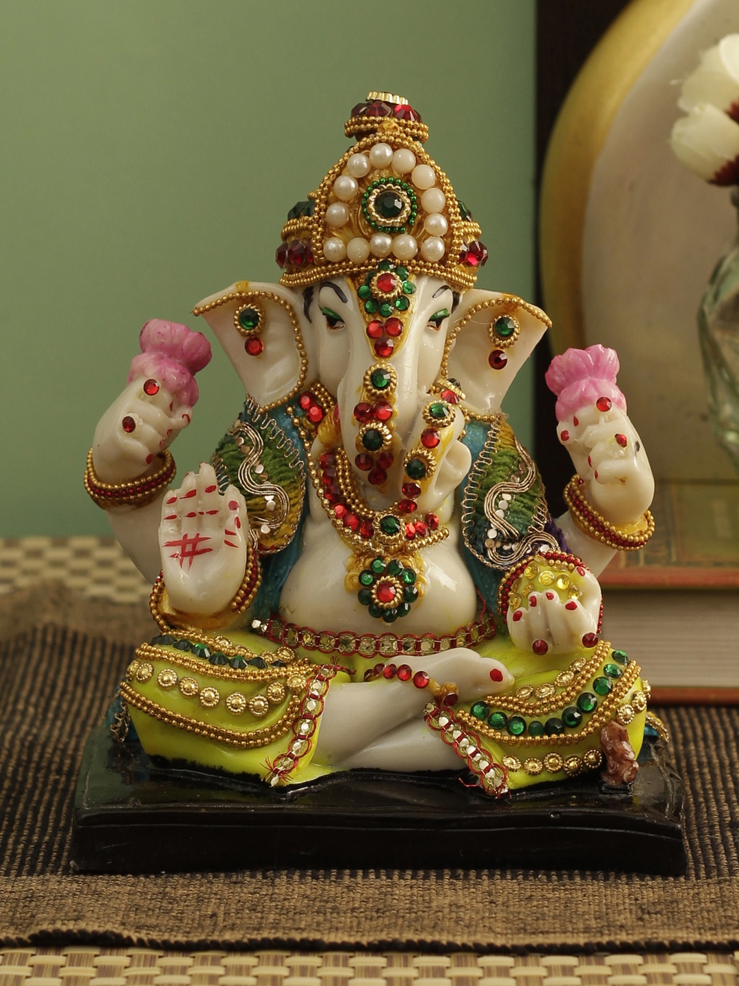 

TIED RIBBONS Cream-Coloured & Green Lord Ganesha Idol Showpiece