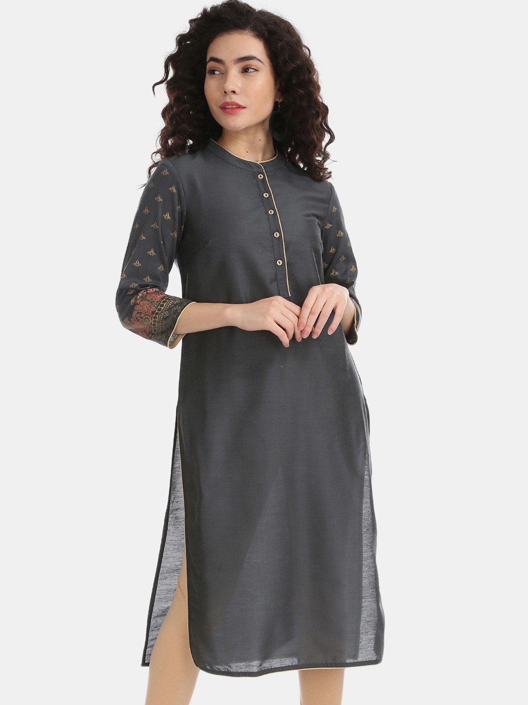 

Karigari Women Charcoal Grey Printed Straight Kurta