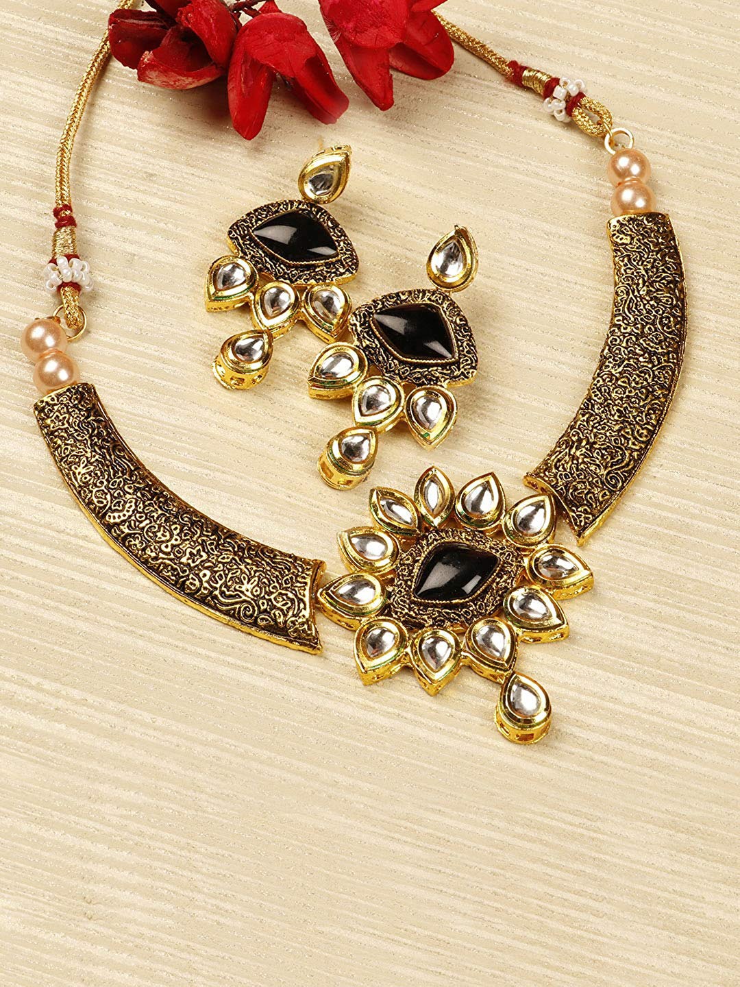 

Priyaasi Antique Gold-Plated & Black Kundan Stone-Studded Floral Jewellery Set