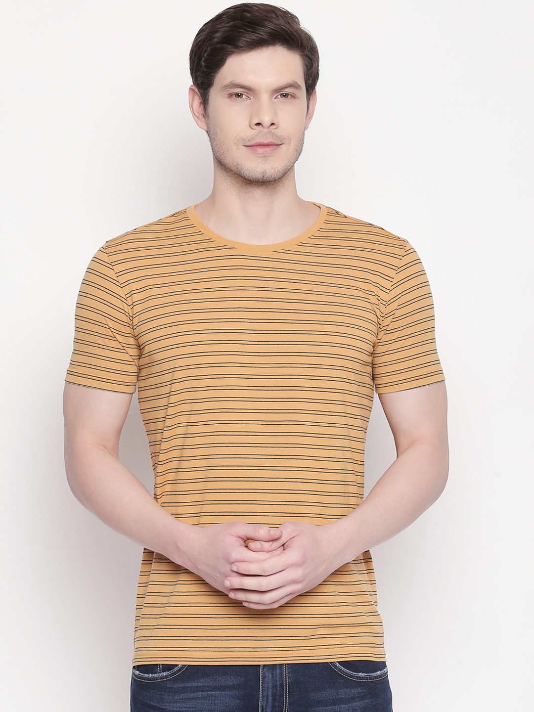 

BYFORD by Pantaloons Men Yellow Striped Round Neck T-shirt