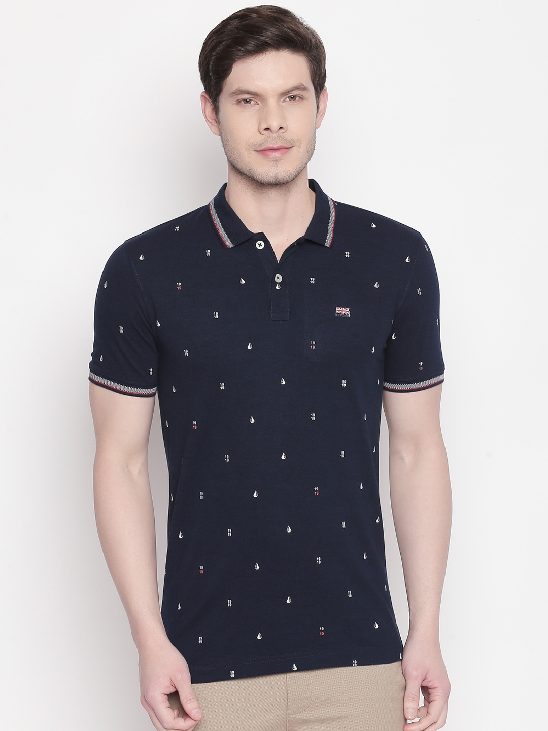 BYFORD by Pantaloons Men Navy Blue Printed Polo Collar T-shirt