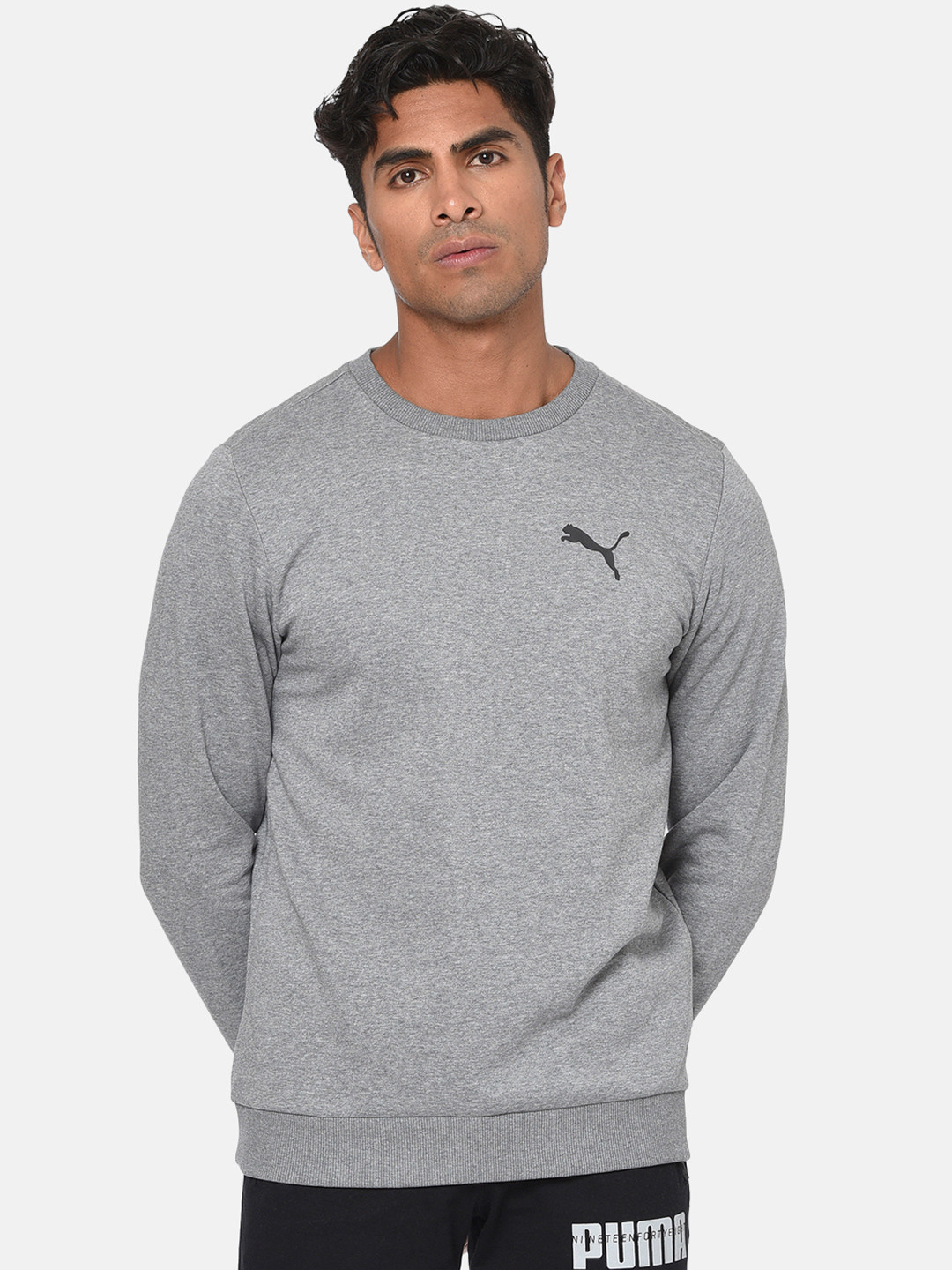

Puma Men Grey Melange Solid ESS Logo Crew Hooded Sweatshirt