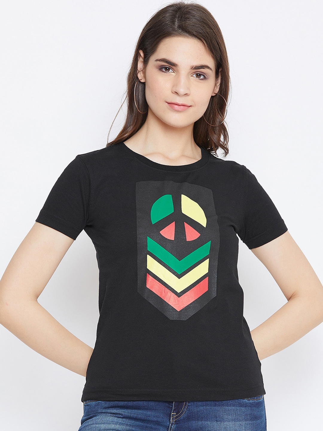 

PUNK Women Black Printed Round Neck T-shirt