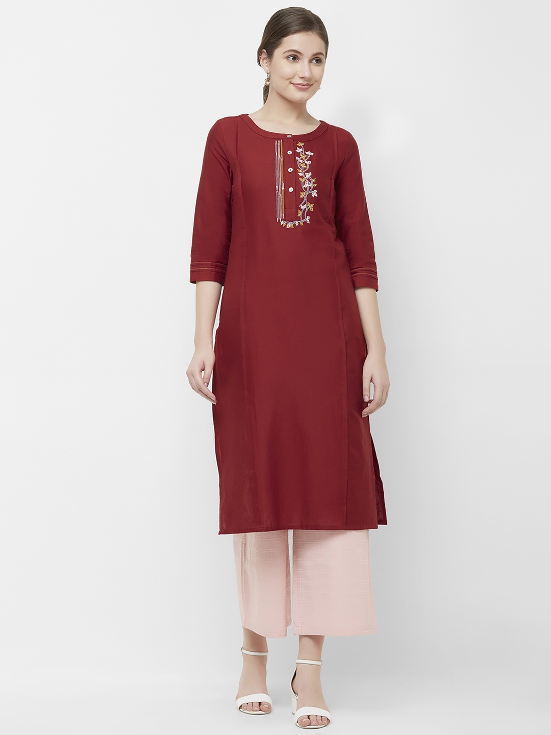 

NAARI Women Maroon Yoke Design Straight Pure Cotton Kurta