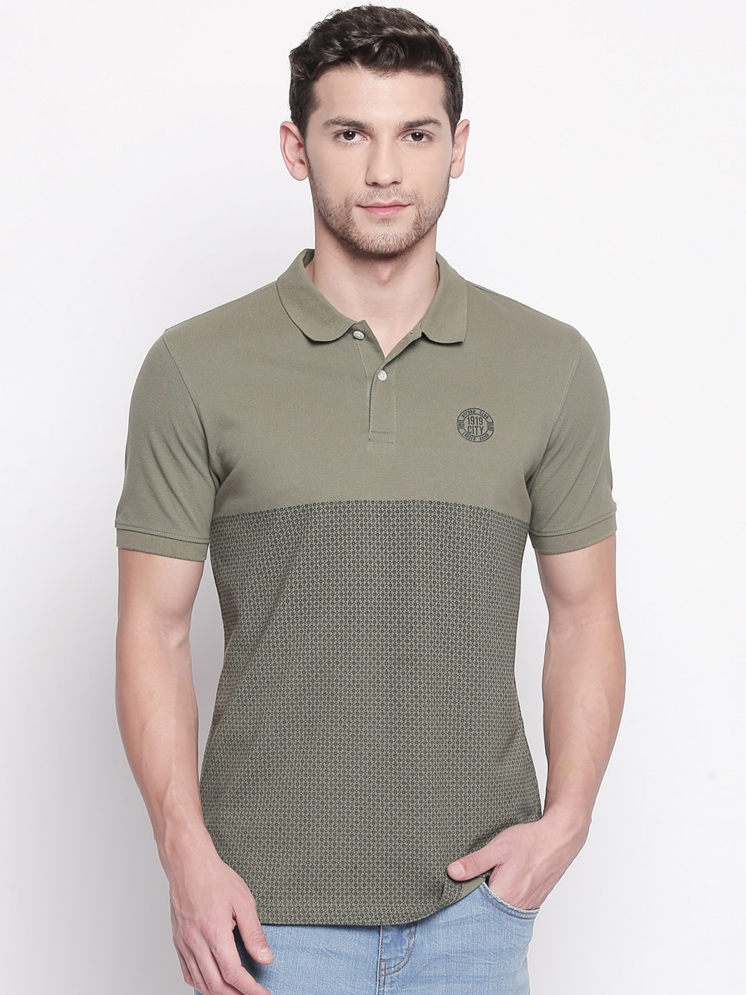 

BYFORD by Pantaloons Men Olive Green Printed Polo Collar T-shirt