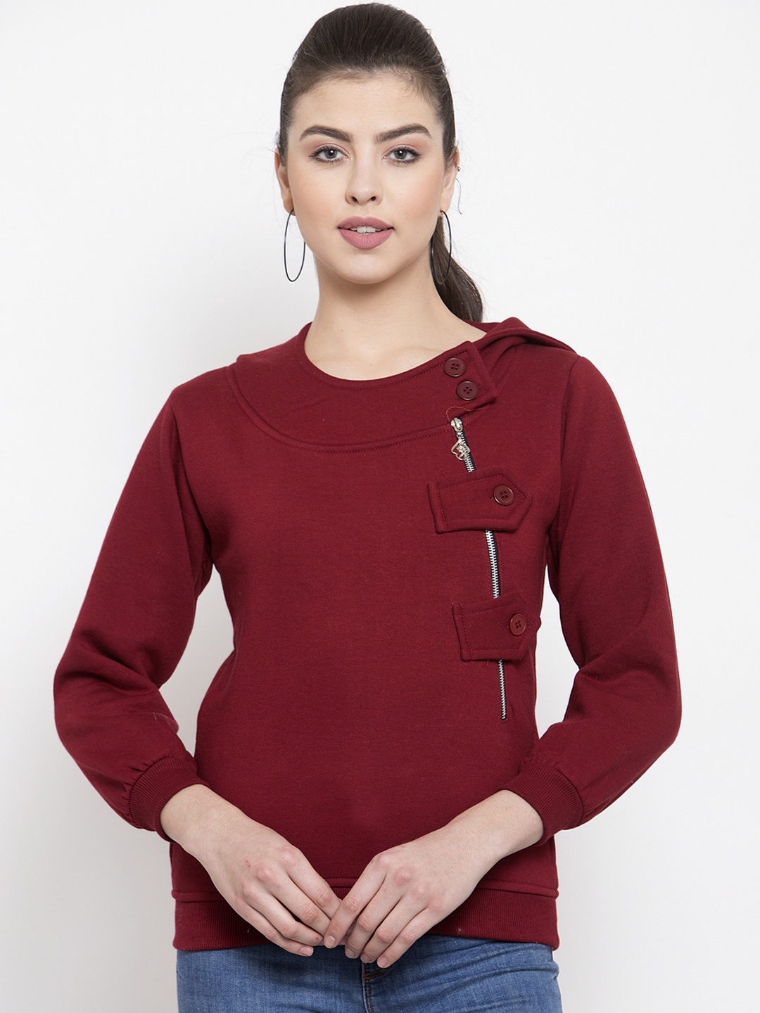 

VOXATI Women Maroon Solid Hooded Sweatshirt