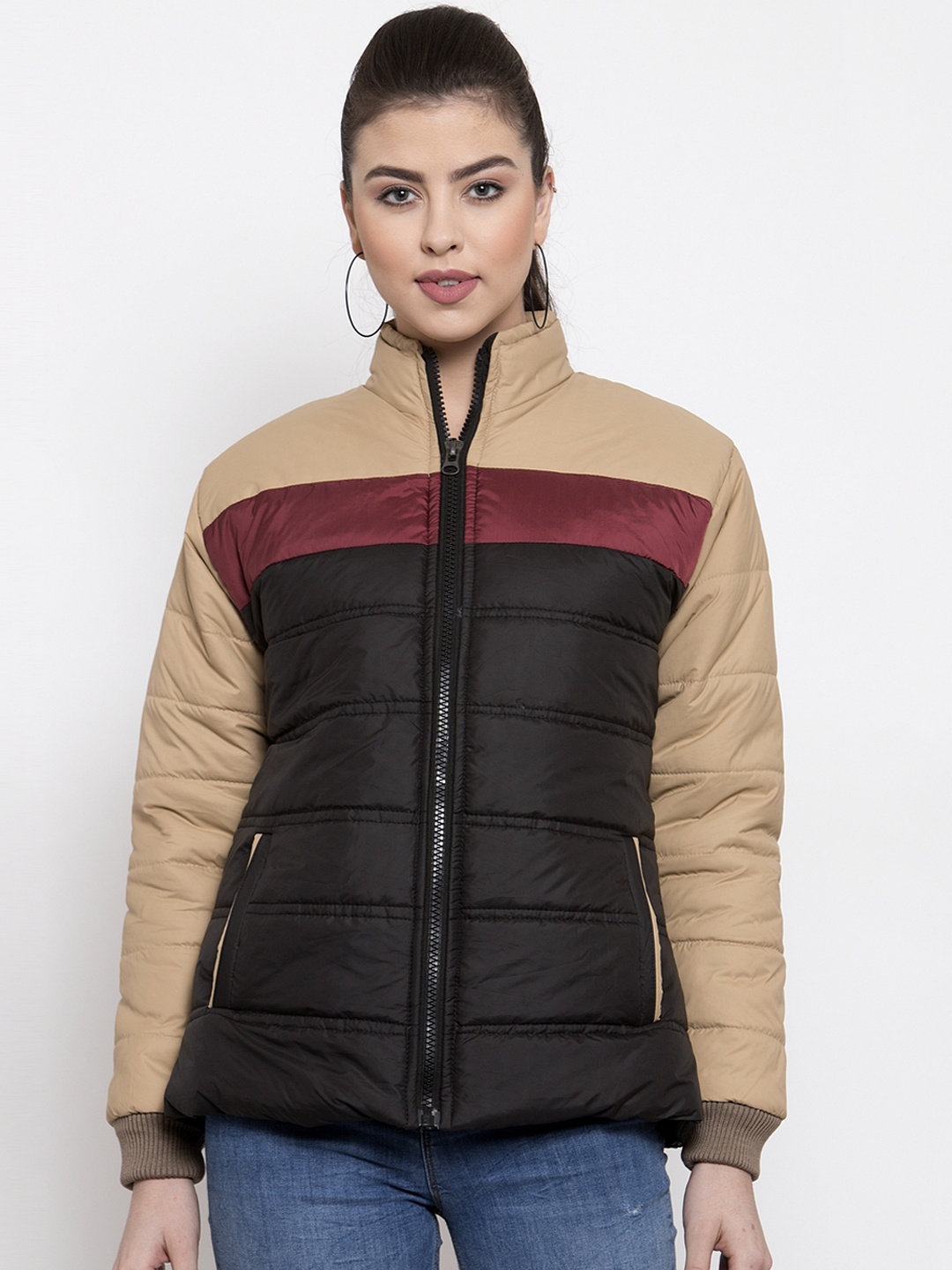 

VOXATI Women Black & Beige Colourblocked Padded Jacket